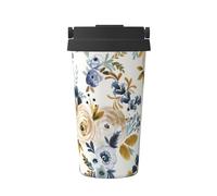 InOmak Mostaza azul floral,Taza de café de 500 ml, botella de agua de acero inoxidable aislada, taza de café portátil