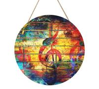InOmak Nota musical impresa en madera colorida, Cuadro redondo de madera de 30 cm, cuadro para colgar en la pared del hogar.