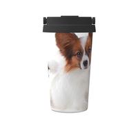 InOmak Perro Papillon esponjoso,Taza de café de 500 ml, botella de agua de acero inoxidable aislada, taza de café portátil