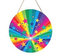 InOmak Rayos de confeti de arcoíris y estrellas, Cuadro redondo de madera de 30 cm, cuadro para colgar en la pared del hogar.