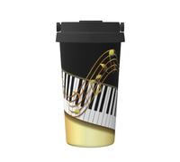 InOmak Tecla de piano negra con elegantes notas doradas,Taza de café de 500 ml, botella de agua de acero inoxidable aislada, taza de café portátil