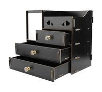 INOOMP Caja de Almacenamiento de Cosméticos Multifuncional de Escritorio, Organizador de Madera Negra 3 Cajones y Espejo, Estante Práctico para Orden y Belleza en Hogar y Dormitorio