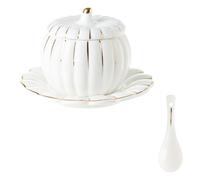INOOMP Cuenco de Estofado Calabaza 280ml de Cerámica con Tapa | Incluye Plato y Cuchara, Apto para Microondas y Horno, Superficie Lisa, Fácil Limpieza, Estilo Creativo