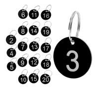 INOOMP Etiquetas Numeradas de Plástico Redondas Negras 1-20 con Anillas de Metal 20 Unidades para Organización en Restaurantes, Taquillas y Hostelería, Sistema de Marcado y Duradero