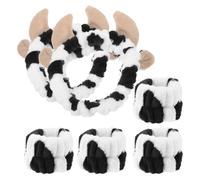 INOOMP Juego de 2 Diademas Estampado de Vaca y Diseño de Cuerno, Banda para Lavarse la Cara y Cómoda, Conjunto de Diadema y Pulsera para Maquillaje y Cuidado Piel, Adecuado para