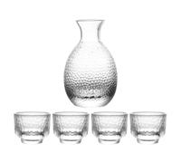 INOOMP Juego de Sake Japonés Transparente de Vidrio con Tetera y 4 Copas Martilladas, Dispensador de Licor para Fiestas y Uso Doméstico, Kit de Cristalería para Servir Sake y Licores