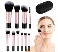 INOOMP Kit de Brochas de Maquillaje de Viaje 10 Piezas, Pinceles de Fibra Sintética Negra, Estuche para Transporte, para Maquillaje Profesional y Diario