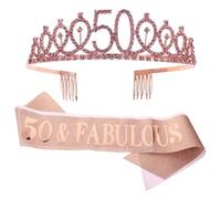 INOOMP Set de Cumpleaños 2 Piezas Banda para Hombro Letras Impresas y Tiara Rosa Dorado, Accesorios para Fiesta de Cumpleaños Mujer 50 Años, Suministros para Decoración y Celebración