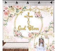 INRUI Fondo de fotografía con texto en inglés "God Bless", color rosa y dorado, primera comunión para baby shower, decoración de fotos (2,1 x 1,5 m)