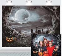 INRUI Fondo de fotografía de Halloween Horror Moon Night Scary Cemetery Pumpkin Lantern Telón de Fondo para niños Adultos Fiesta Familiar Decoraciones de cumpleaños (Gris)