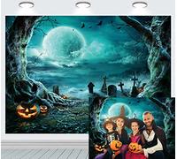 INRUI Fondo de fotografía de Halloween Horror Moon Night Scary Cemetery Pumpkin Lantern Telón de Fondo para niños Adultos Fiesta Familiar Decoraciones de cumpleaños (Verde)