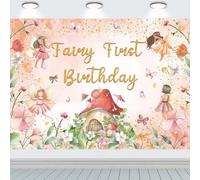 INRUI Fondo de fotografía de primer cumpleaños con diseño de princesa, decoración de hadas, flores, mariposas, hongos, hadas, primer cumpleaños (2,4 x 1,8 m)