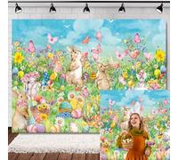 INRUI Fondo de fotografía para el día de Pascua, primavera, Pascua, conejo, huevos coloridos, flores, hierba, pared, decoración de fotos (2,1 x 1,5 m)