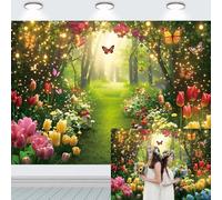 INRUI - Telón de fondo para fotos de jardín encantado de primavera con diseño de bosque de cuento de hadas, flores y mariposas para decoración de fiesta temática de país de las maravillas, 2,4 m x 1,8