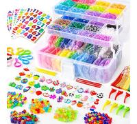 INSCRAFT Más de 17500 bandas de goma con contenedor transparente de 3 capas, 28 colores, 600 clips en S, 352 cuentas, 40 colgantes de dibujos animados, kit de recambio para hacer pulseras para niños