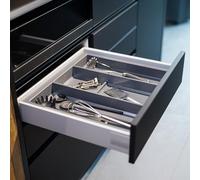 Inserto multifuncional para cajones de cocina, sistema de almacenamiento gris pizarra para 60 x 50 cm, cajón para cubiertos, bandeja para cubiertos y especiero