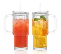 INSETLAN 2 vasos de 760 ml con tapa y pajita, vasos de cristal acanalados con tapa y asa, cristal grueso ideal para café helado, matcha, latte, zumos y otras bebidas
