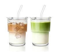 INSETLAN Juego de 2 vasos de vidrio portátiles de 380 ml, vasos de vidrio de pared gruesa con tapa y popote de vidrio, tazas de café para llevar café helado, té, leche, bebidas calientes y frías