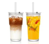 INSETLAN Vaso con tapa y pajita, 2 unidades, 580 ml/20 oz vasos de cristal acanalados con tapa y pajita para café helado, zumo, batidos y bebidas frías, apto para lavavajillas y a prueba de fugas