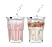 INSETLAN Vaso de vidrio de 380 ml con tapa y popote, paquete de 2 vasos de vidrio acanalado, vasos de café helado, vaso transparente a prueba de fugas para batidos, café con leche helado, matcha