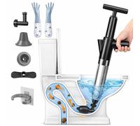 inShareplus Limpiador de tuberías de aire comprimido con manómetro, bomba de desatascador de desagües blanco/gris, con 4 accesorios y guantes, desagüe para inodoro, fregadero, suelo, bañera
