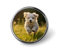 Insignia redonda de aleación de 2,5 cm (1 pulgada), broche ligero de moda para hombres y mujeres, diseño de cachorro cruzando el césped.