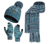 INSISMY Bufanda Mujer y Gorro Termico Guantes Tactiles Conjunto Guantes Frio Gorro Invierno con Pompom Set Regalo para Mujer Azul Pavo Real