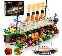 INSOON Blumen Titanic Juguete de construcción con luz, barco Titanic con flores, delfines botánicos, 1860 piezas modelo de barco, ladrillos de sujeción, regalo para adultos, niños, niños y niños