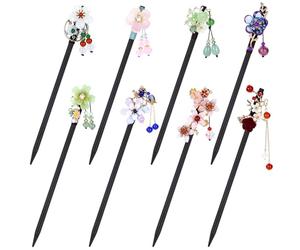 inSowni 8 piezas vintage asiáticas chinas tradicionales Hanfu perla jade flor de madera para el pelo con colgantes de cuentas, palillos para el pelo, tenedores, moños, recogidos para mujeres y niñas