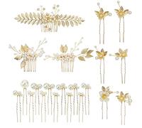 inSowni Paquete de 21 peines laterales para el pelo con diseño de hojas doradas y perlas en forma de U, accesorios para novias, damas de honor, mujeres y niñas