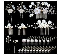 inSowni Paquete de 26 peines laterales para el pelo de novia y flores doradas + horquillas en forma de U, pasadores decorativos con diamantes de imitación, accesorios para mujeres, niñas, novias y