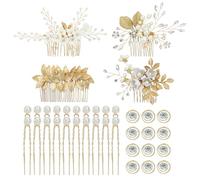 inSowni Paquete de 36 peines laterales para el pelo con diseño de hojas de flores doradas, pasadores de pelo de perlas en forma de U + pinzas de pelo en espiral con diamantes de imitación para el