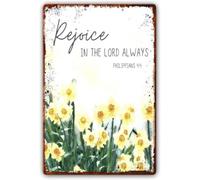 Inspirational Tin Sign Rejoice In The Lord Always Philippians 4:4 Wall Decor for Living Room 8 X 12 in