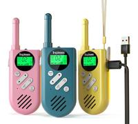 Inspireyes Walkie Talkie Niños Recargable, 48 Horas de Tiempo de Trabajo, 3 kilómetros de Largo Alcance, Regalos de Cumpleaños, Juguetes al Aire Libre para niños de 3 a 12 años, Paquete de 3