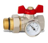 Instalguru Válvula Esférica 1''x1 1/4'' Rosca Hembra Macho 10 bar Con Termómetro Racor Unión Junta PTFE Cuerpo Latón Cromado Palomilla Roja Calefacción Agua Fría Caliente