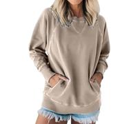 Instantaneou Sweatshirt Fall Batwing Sleeve Ribbed Pullover with Pockets Women's Ribbed Accent Pocketed Pullover (Khaki,L)