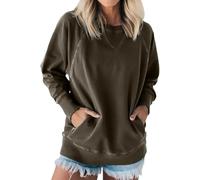 Instantaneou Sweatshirt Fall Batwing Sleeve Ribbed Pullover with Pockets Women's Ribbed Accent Pocketed Pullover (Dark Brown,S)