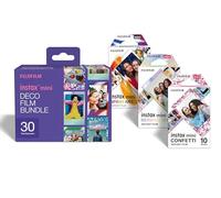instax Mini Deco Film Bundle 26. Kit Película Instantánea instax. Total 30 Fotos. Contiene 3 Cargas de 10 Fotos Cada una: 1 Confetti, 1 Mermaind Tail y 1 Spray Art.