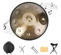 Instrumento de tambor Handpan, tambor de acero de 22 pulgadas en re menor, 9 notas 440 Hz percusión instrumentos musicales juego de batería de mano, hecho a mano,con soporte de mazo de bolsa -oro