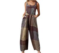 Intage Ladies - Mono de patchwork de lino para mujer, mono holgado, pantalones de trabajo informales, verano y primavera, pelele largo retro, pantalones de chándal con aspecto desgastado, traje de