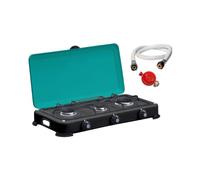 Intec - Hornillo de gas portátil 3 fuegos 4100 W quemadores + rejilla de hierro fundido extraíbles + manguera de gas + regulador propano Gold III