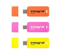 Integral Pack de 3 memorias USB Neon-C de 64GB USB 3.2 Gen 1 - Tipo-C/USB 3.1/3.0, Neon Amarillo/Naranja/Rosa, Velocidad de Lectura de hasta 150MB/s, Velocidad de Escritura de hasta 30MB/s