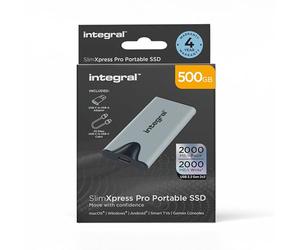 Integral SlimXpress Pro SSD Externa Portátil de 500 GB: USB-C, 2000 MB/s Lectura/Escritura, USB 3.2 Gen 2x2, Diseño Compacto, Plug & Play, Compatible con Mac, PC con Windows, Android, Xbox, PS