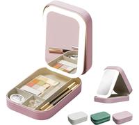 Integrated Makeup Storage Box with Light-Filling Mirror,3 Colors Modes Makeup Bag,LED Complementary Light Cosmetic Case,Folding Case for Travel and Shopping (Pink)