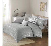 Intelligent Design - ID10-1245 Raina - Juego de edredón con estampado metálico, diseño geométrico, moderno y moderno para todas las estaciones, funda a juego, almohada decorativa, gris/plata, King/Cal