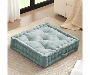 Intelligent Design Large Floor Pillow for Adults Yoga or Meditation Cushion with Handle, Floor Cushion for Board Games, Lustrous Chenille Tufted, Handsewn Scalloped Edge, Azza, 24" x 24" x 5" Aqua