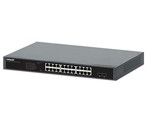 INTELLINET 24-Port Gigabit Ethernet PoE+ Switch mit 2 SFP Ports PoE-Strombudget 370 W zwei 1G SFP-Steckplätze Powered Device Monitor