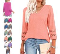 Intensiveput T Shirt, 2025 New Womens 3/4 Length Sleeve Tops Trendy V Neck T Shirts, Curved Hem Hollow Blouses (Coral,M)