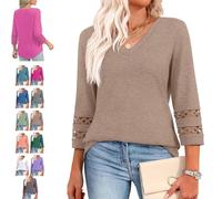 Intensiveput T Shirt, 2025 New Womens 3/4 Length Sleeve Tops Trendy V Neck T Shirts, Curved Hem Hollow Blouses (Khaki,M)