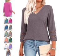 Intensiveput T Shirt, 2025 New Womens 3/4 Length Sleeve Tops Trendy V Neck T Shirts, Curved Hem Hollow Blouses (Coffee Gray,S)